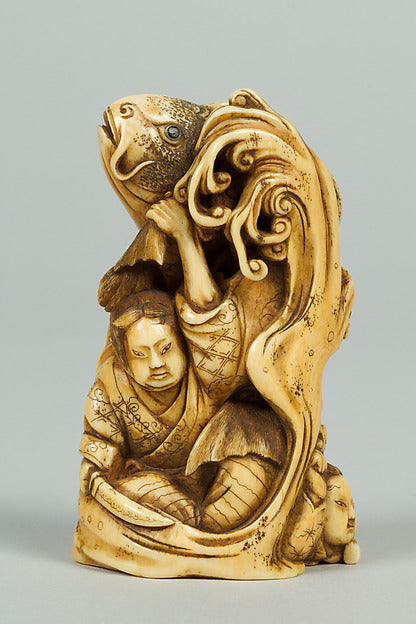 Netsuke of Group of men in the Water holding a Large Carp 19th,  Poster Print Wall Art