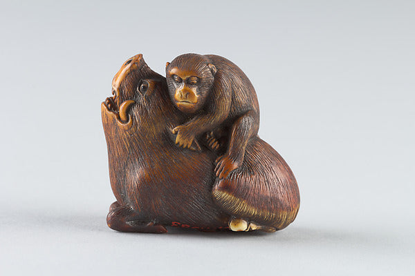 Netsuke of Monkey Attacking a Boar 19th cent,  Poster Print