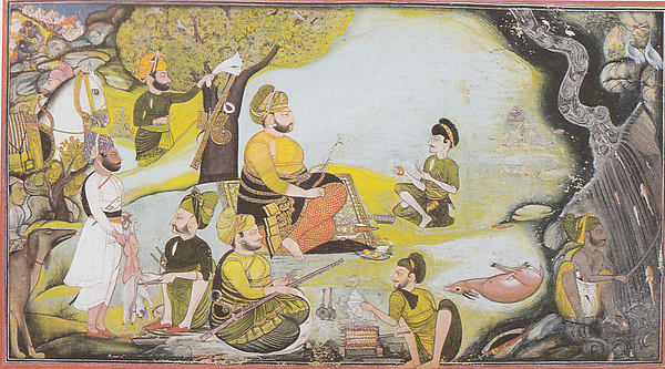 Rawat Gokul Das at a Hunting Party dated 1808-Bagta,16x12"(A3)Poster