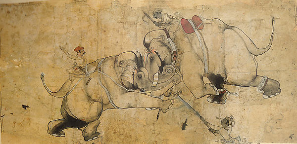 Two Elephants Fighting c1665-Attributed to Hada Master,16x12"(A3)Poster