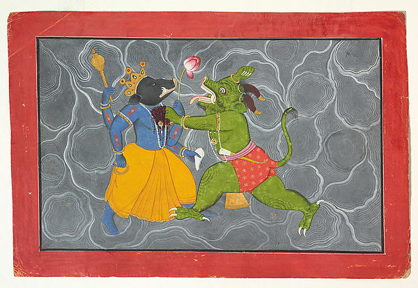 Varaha and Hiranyaksha: Folio from a Bhagavata Purana Series c,16x12"(A3)Poster