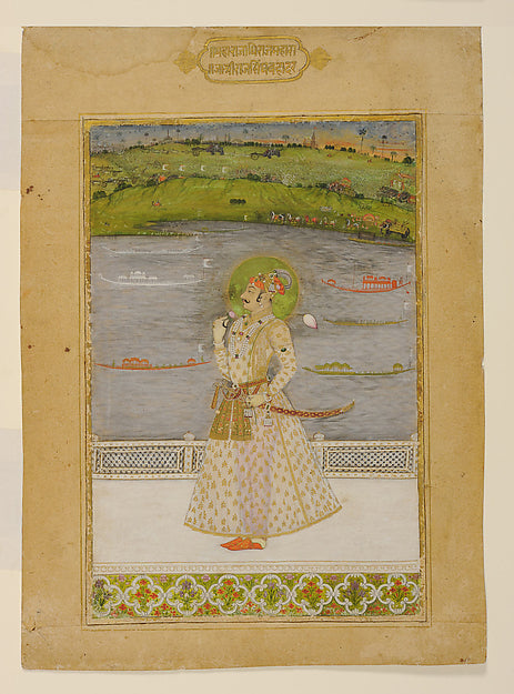 Raj Singh on a Terrace Enjoying a View of Royal Barges and Mil,16x12"(A3)Poster