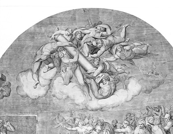Angels Carrying Pillar with Saints Below  1548-Engraved by Nic,  Poster Print Wall Art