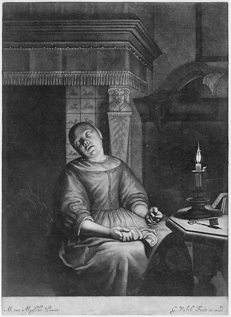Sleeping Girl with Needlework in her Lap n.d.-Gerard Valck,Af,  Poster Print Wall Art