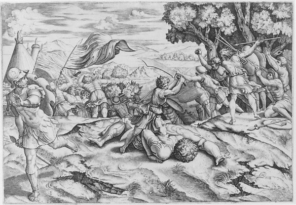 David raising sword to decapitate a fallen Goliath among battl,  Poster Print