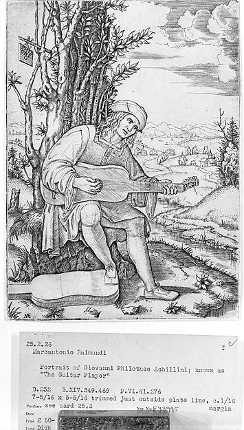 Portrait of Jean-Philotée Achillini: seated man playing guitar,  Poster Print