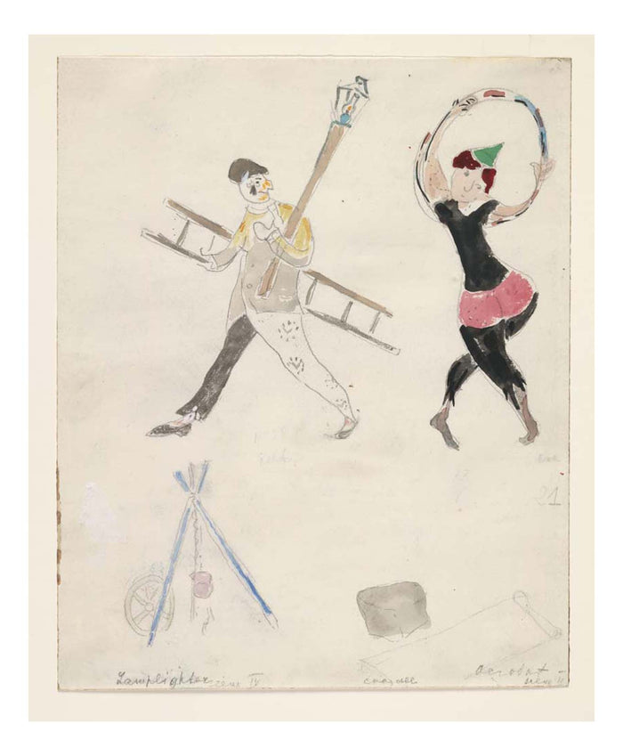 Marc Chagall - A Lamplighter and an Acrobat, costume design for Aleko, 16x12