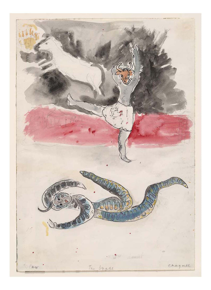 Marc Chagall - A Snake and a Cow, costume design for Aleko, 16x12