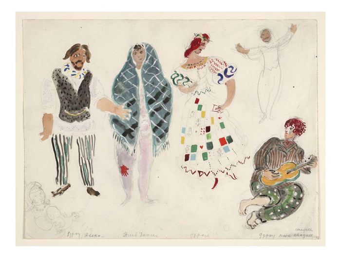 Marc Chagall - A Street Dancer and Gypsies, costume design for Aleko, 16x12