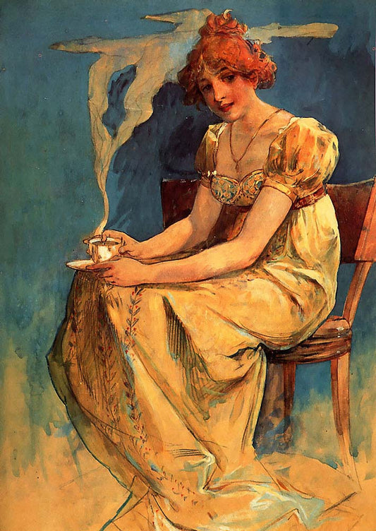 Mucha-Untitled (seated woman with coffee cup, watercolor) vintage artwork by Alphonse Mucha, 16x12" (A3 size) poster print