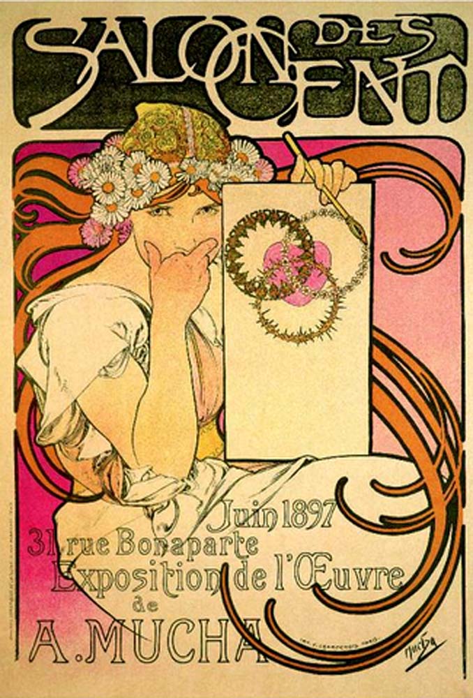 Mucha poster for Salon des Cents exhibition June 1897 vintage artwork by Alphonse Mucha, 16x12" (A3 size) poster print