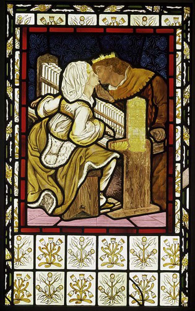 Music (young woman playing an organ; a young man wearing a diadem leans over the organ pipes to kiss the woman), 1862 by Dante Gabriel Rossetti, pre-Raphaelite artist, 12x8" (A4) Poster