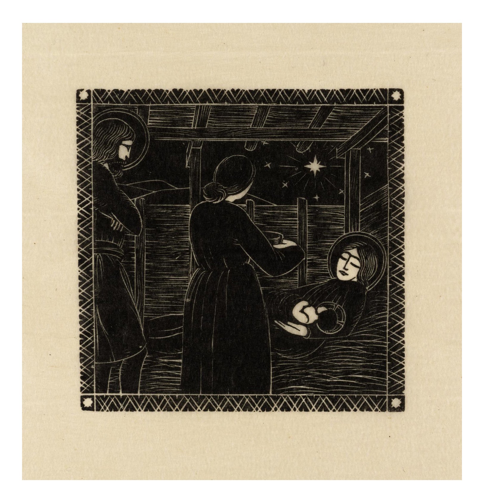 Nativity with Midwife 1913, vintage art by Eric Gill, 12x8"(A4) Poster Print