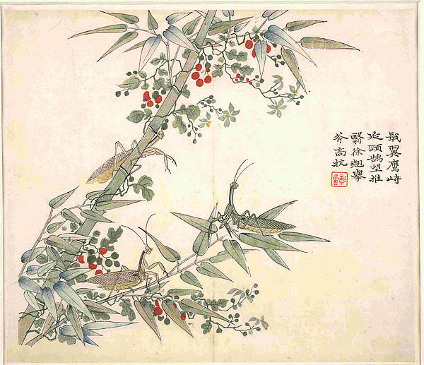 Jieziyuan Shuhuapu,Bamboo and Mantis, Leaf from the Mustard Se,16x12
