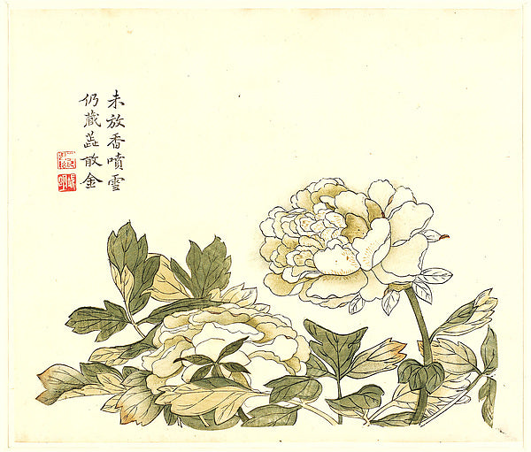 Jieziyuan shuhuapu,Two Peonies, Leaf from the Mustard Seed Gar,16x12