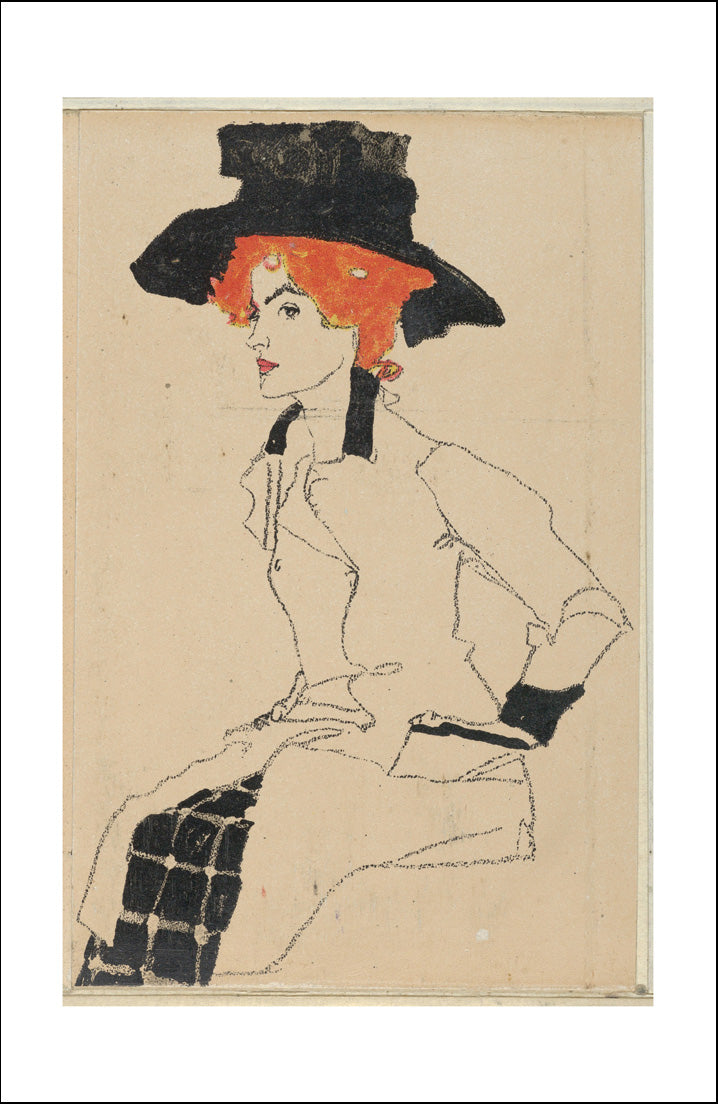Portrait of a Woman (Red Hair, Black Hat) 1910 by Egon Schiele, 12x8" (A4) Poster Print