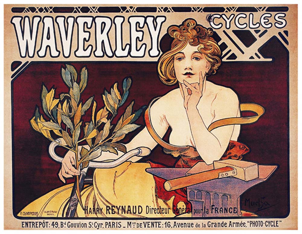 Poster Waverley Cycles vintage artwork by Alphonse Mucha, 12x8" (A4 size) poster print