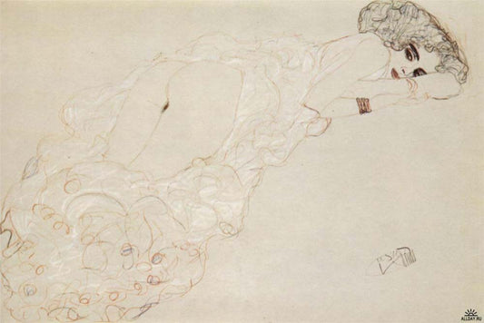 Reclining Nude Lying on Her Stomach and Facing Right - Gustav Klimt - 1910, A4 Poster Print