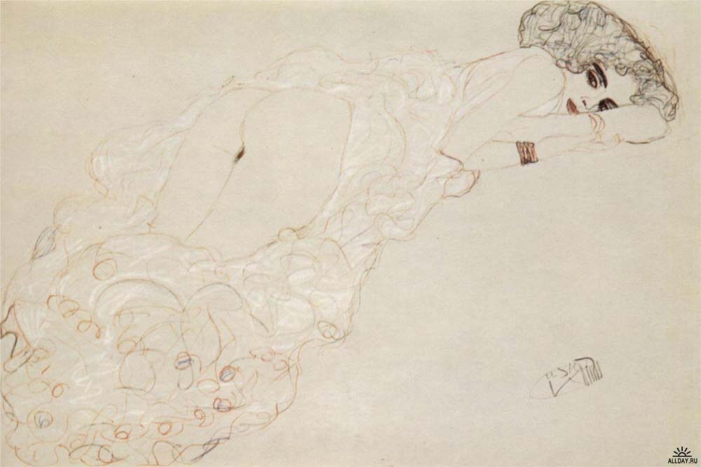 Reclining Nude Lying on Her Stomach and Facing Right - Gustav Klimt - 1910, 16x12" (A3) Poster Print