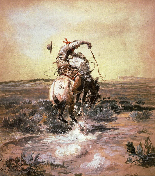 A-Slick-Rider-by-Charles-Marion-Russell,-Classic-Western-American-Art,-16x12"-(A3)-Poster-Print