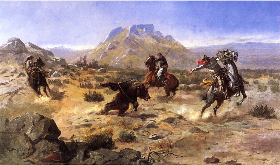 Capturing-the-Grizzly-by-Charles-Marion-Russell,-Classic-Western-American-Art,-16x12"-(A3)-Poster-Print