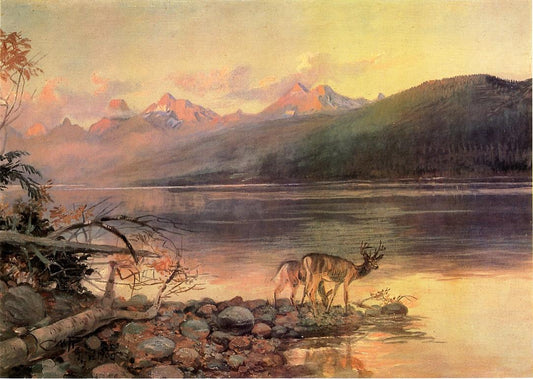Deer-at-Lake-McDonald-by-Charles-Marion-Russell,-Classic-Western-American-Art,-16x12"-(A3)-Poster-Print