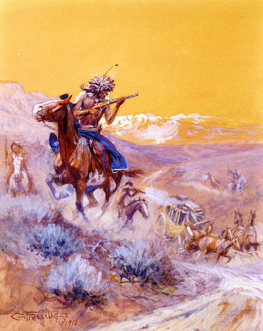 Indian-Attack-by-Charles-Marion-Russell,-Classic-Western-American-Art,-16x12"-(A3)-Poster-Print