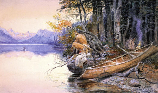 Indian-Camp-Lake-McDonald-by-Charles-Marion-Russell,-Classic-Western-American-Art,-16x12"-(A3)-Poster-Print
