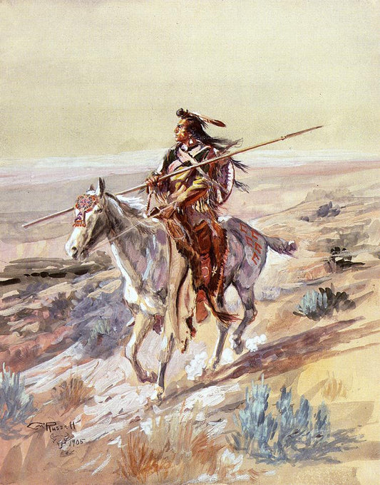 Indian-with-Spear-by-Charles-Marion-Russell,-Classic-Western-American-Art,-16x12"-(A3)-Poster-Print
