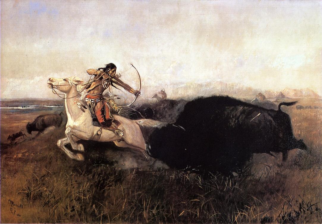 Indians-Hunting-Buffalo-by-Charles-Marion-Russell,-Classic-Western-American-Art,-16x12"-(A3)-Poster-Print