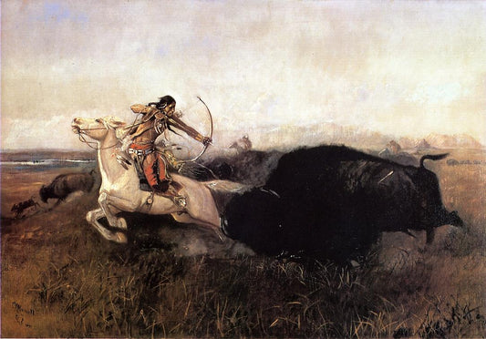 Indians-Hunting-Buffalo-by-Charles-Marion-Russell,-Classic-Western-American-Art,-16x12"-(A3)-Poster-Print