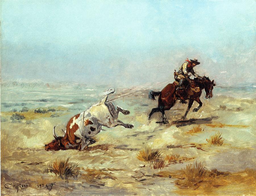 Lassoing-a-Steer-by-Charles-Marion-Russell,-Classic-Western-American-Art,-16x12"-(A3)-Poster-Print