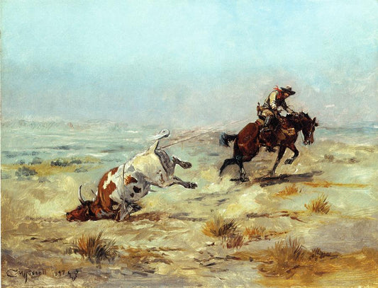Lassoing-a-Steer-by-Charles-Marion-Russell,-Classic-Western-American-Art,-16x12"-(A3)-Poster-Print