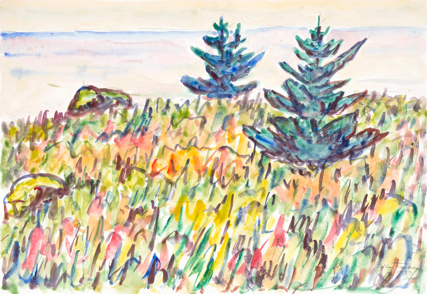Allen Tucker:Watercolor no. 35, Field with Two Pine Trees,16x12"(A3)Poster