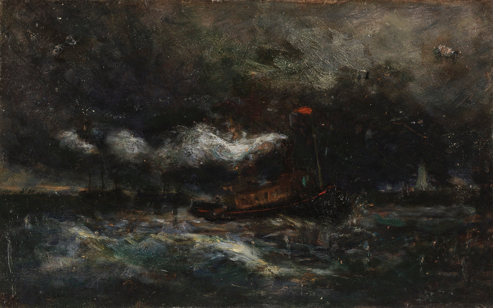 Edward Mitchell Bannister:Squall, Brenton Light (boat in sto,16x12"(A3)Poster