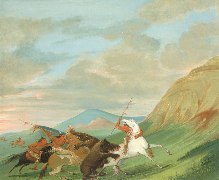 George Catlin:Grizzly Bears Attacking Indians on Horseback,16x12