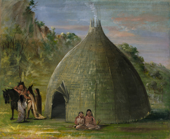 George Catlin:Wichita Lodge, Thatched with Prairie Grass,16x12