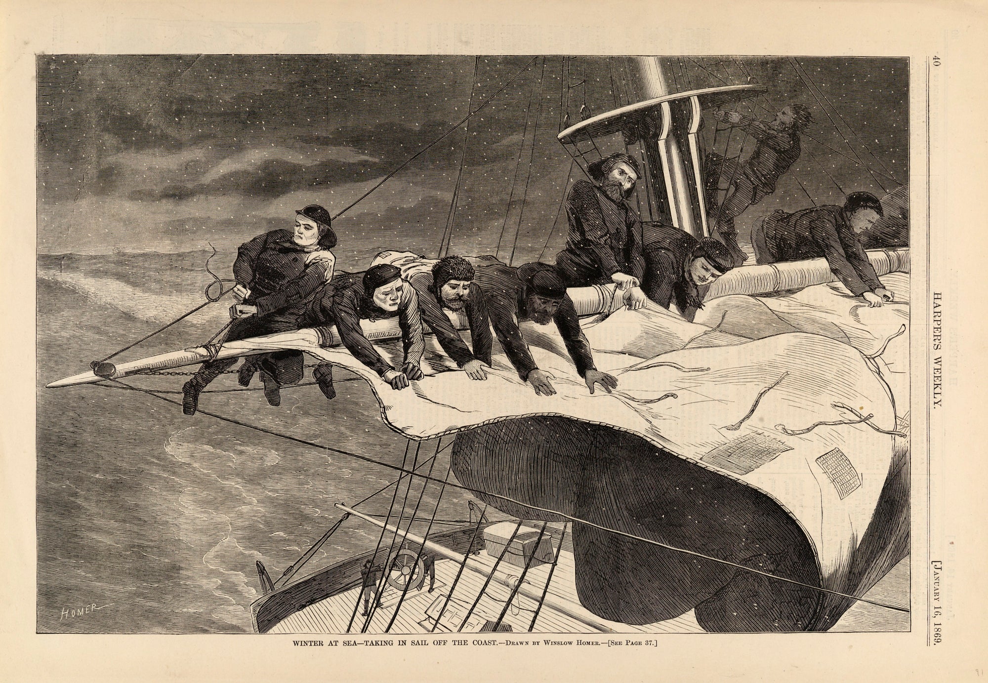 Winslow Homer:Winter at Sea--Taking in Sail off the Coast, f,16x12"(A3)Poster