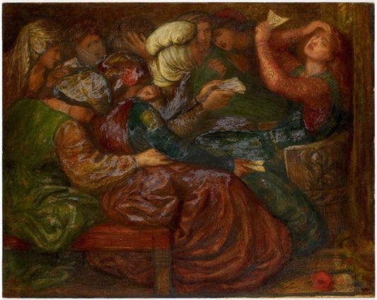 Stained Glass Design - St George and the Dragon - Princess Sabra Drawing the Lot, 1868 by Dante Gabriel Rossetti, pre-Raphaelite artist, 12x8" (A4) Poster