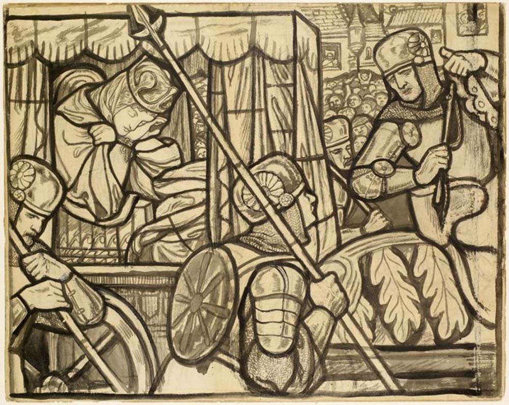 Stained Glass Design - St George and the Dragon - The Princess taken to the Dragon, 1861-62 by Dante Gabriel Rossetti, pre-Raphaelite artist, 12x8" (A4) Poster