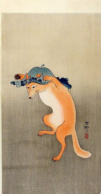 TheFoxDance, historic, vintage ukiyo-e Japan artwork,12x8"(A4) Poster Print