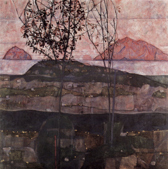 Setting sun, landscape by Egon Schiele, 12x8