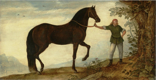A Black Stallion with a Groom, in a Landscape, vintage artwork by After Roelant Savery, A3 (16x12") Poster Print