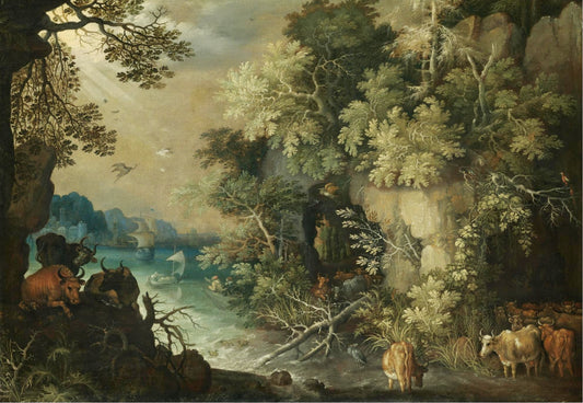 A bosky fluvial landscape with cattle resting and drinking, vintage artwork by Roelant Savery, A3 (16x12") Poster Print