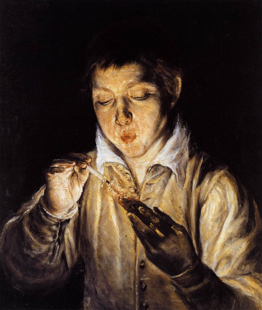 A Boy Blowing on an Ember to Light a Candle, vintage artwork by El Greco, A3 (16x12") Poster Print
