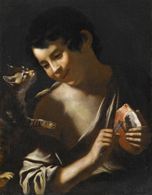 A Boy Eating a Loaf of Bread with a Cat, vintage artwork by Tomaso Salini, 12x8" (A4) Poster