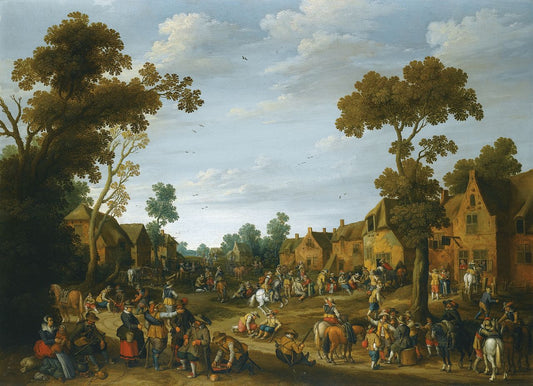 A busy village scene with soldiers and pesants, vintage artwork by Joost Cornelisz. Droochsloot, 12x8" (A4) Poster