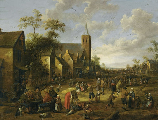 A busy village stret with numerous figures, peasnts eating and drinking at a table in foreground, vintage artwork by Joost Cornelisz. Droochsloot, 12x8" (A4) Poster