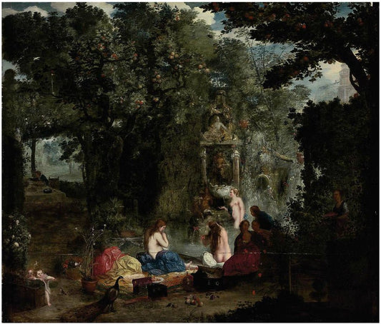A classical landscape with nymphs bathing in a grotto, vintage artwork by Adriaen van Stalbemt, 12x8" (A4) Poster