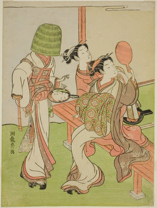 A Courtesan and Her Attendant Using Mirrors to Identify a Mendicant Monk by  Isoda Koryusai, 23x16"( A2 size) Poster Print
